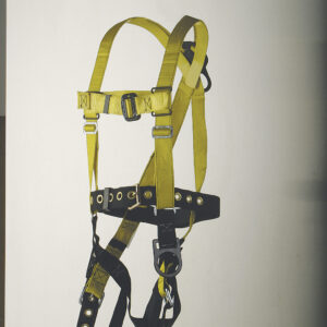 Full body harness, positioning type. D-ring at back and safety belt with side D-rings and tongue-buckle type leg straps.